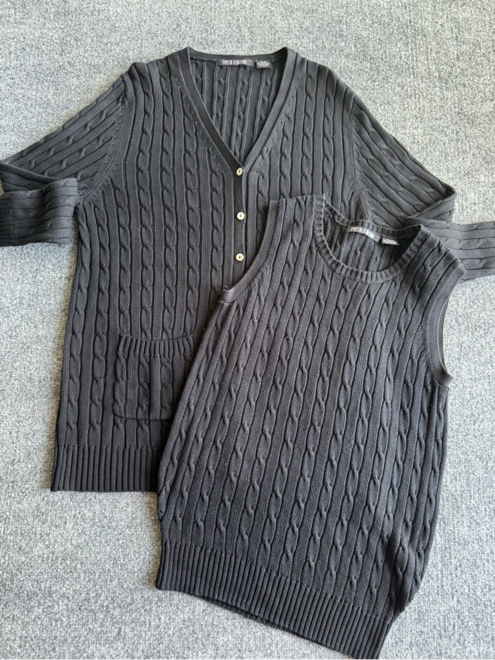 Evelyn Arthur Silk Twin Set Black Cable Knit Cardigan Shell Set Medium Large